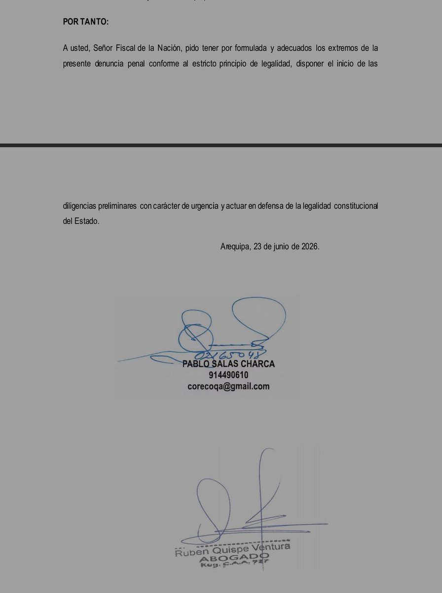 Huacon2024's tweet photo. #Perú abogados de juntos por el Perú presentan denuncia penal contra el presidente Balcázar, el Canciller y funcionarios del sistema electoral por el presunto delito de organización criminal, perturbación del derecho al sufragio y otros https://t.co/Ran39qtUVK
