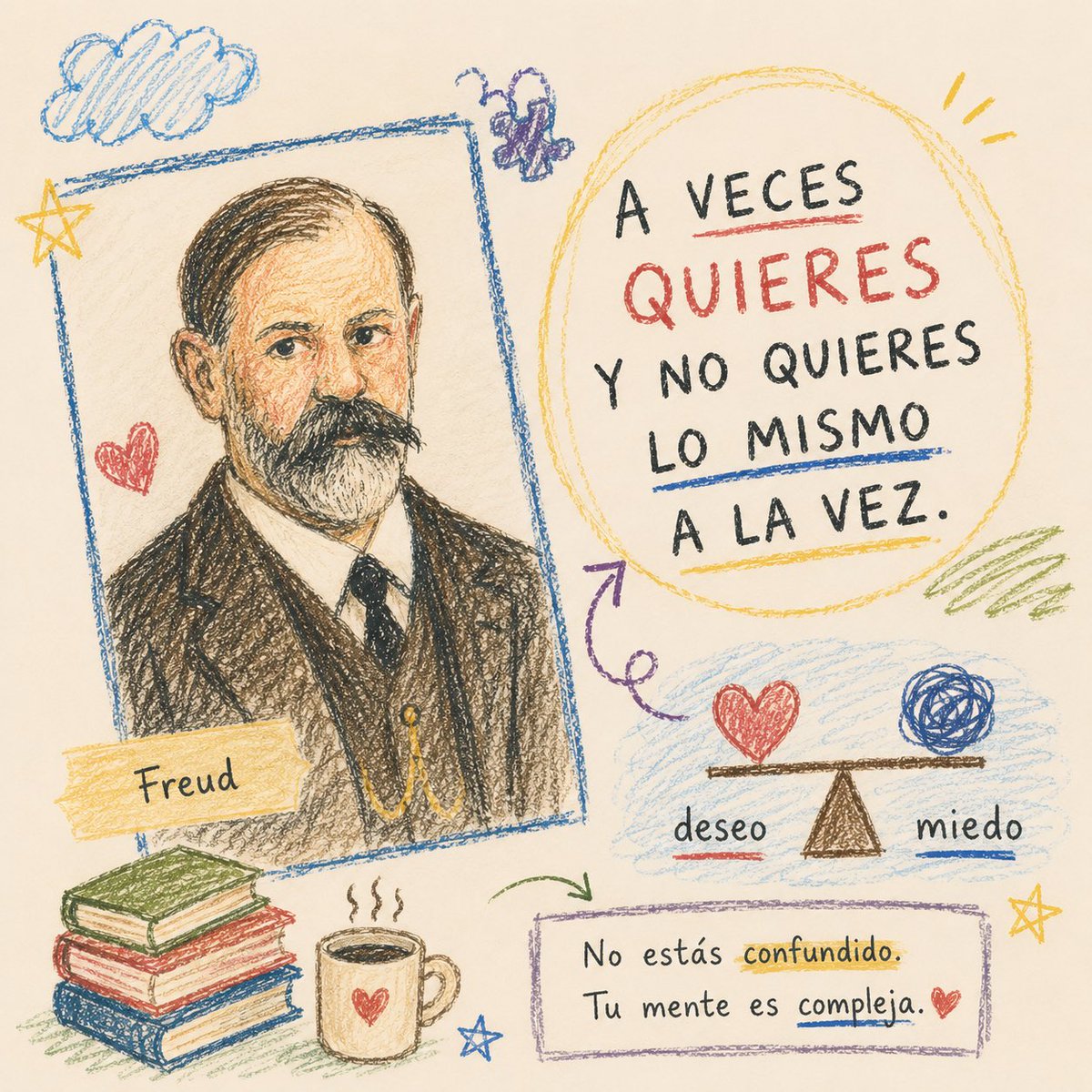 ddedanitza's tweet photo. 🧠 Hay una idea de Freud que me pareció fascinante porque explica algo que muchísimos hemos sentido alguna vez.

¿Te ha pasado que quieres algo… pero al mismo tiempo te da miedo conseguirlo?

O que una parte de ti quiere acercarse a alguien, mientras otra quiere salir… https://t.co/Dl2XbBoXrG