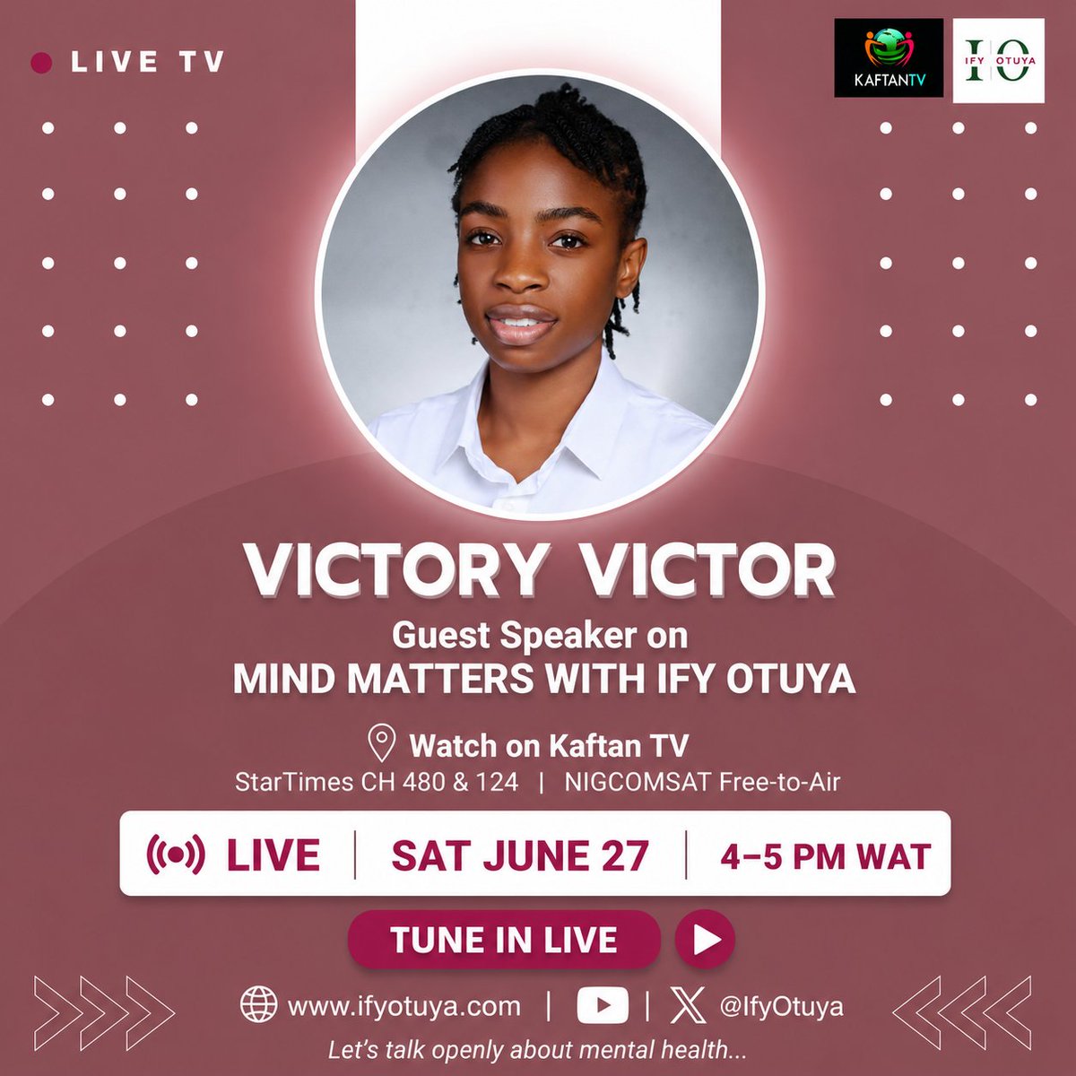 TheHomageMedia's tweet photo. Don’t miss tomorrow’s episode of Mind Matters with Ify Otuya.

The discussion: Emotional Regulation: Practical Skills for Managing Overwhelming Feelings.

🎉 Episode 9
📺 Kaftan TV
🗓 Sat, Jun 27; 4PM

Speakers: @IfyOtuya @CogitoMindsF

Let’s talk openly about mental health. 🧠 https://t.co/OzEHgouWDd