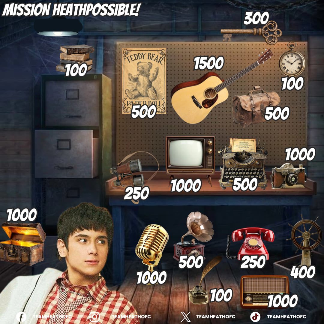 TeamHeathOfc's tweet photo. 🕵️‍♀️ MISSION HEATHPOSSIBLE: The 10K Donation Drive Challenge!

The clock is ticking, agents! 🕰️ 

Heath’s Time is fast approaching  and the Top Secret Information is waiting to be unlocked. 

Hidden clues lie within every object, each holding a piece of the mystery.

To reveal the secret, all you need to do is donate the amount shown on each item , from the golden microphone to the vintage guitar, every contribution brings us closer to cracking the code. Once all objects are completed, the Top Secret revelation will be unveiled!

Let’s unite, Detective Moyers and make this mission a success.

MISSION HEATHPOSSIBLE starts now, every clue counts!

All for Heath.
Always and in all ways.❤️

#HeathJornales