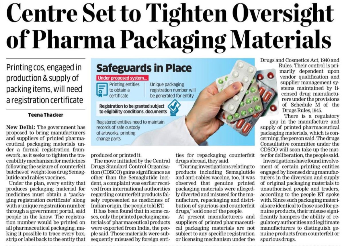 SheetalMankind's tweet photo. The government's decision to register and trace pharmaceutical packaging manufacturers is a step I have been hoping to see for a long time.
Traceability is not a compliance exercise. It is a commitment to the patient.
This is the right move.
#PatientSafety #CounterfeitMedicines https://t.co/EQMh4uJ2R9