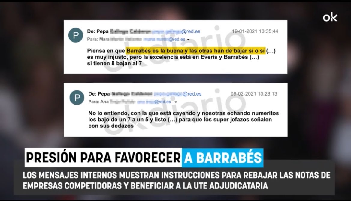 EmilioMontilla_'s tweet photo. 🔴 La clave del caso Barrabés ya no está sólo en la carta de recomendación de Begoña Gómez.

Está en los correos internos de la Administración:

👉 “Barrabés es la buena y las otras han de bajar sí o sí”.

👉 “Les bajo de un 7 a un 5 y listo”.

Es decir: la mujer del presidente recomendó a un empresario y, dentro de los ministerios, se hablaba de rebajar las notas de sus competidores para favorecer a su empresa.

No es una sospecha política.
Es una trazabilidad documental.