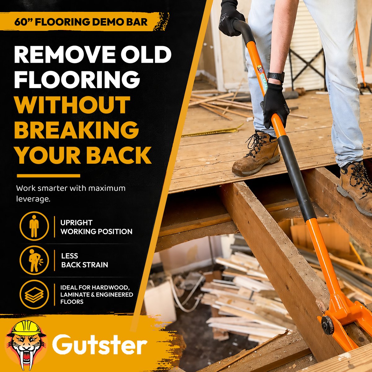 GutsterTools's tweet photo. A professional flooring demolition bar helps reduce back strain while increasing productivity.

 Call Now: +1 908-360-5227 
 Visit:  https://t.co/jXrxKxQdzz

#FlooringDemolitionBar #ErgonomicTools #FloorTearOut #HardwoodFloorRemoval #DemolitionTools #ConstructionSolutions https://t.co/4WyhqTU3A2
