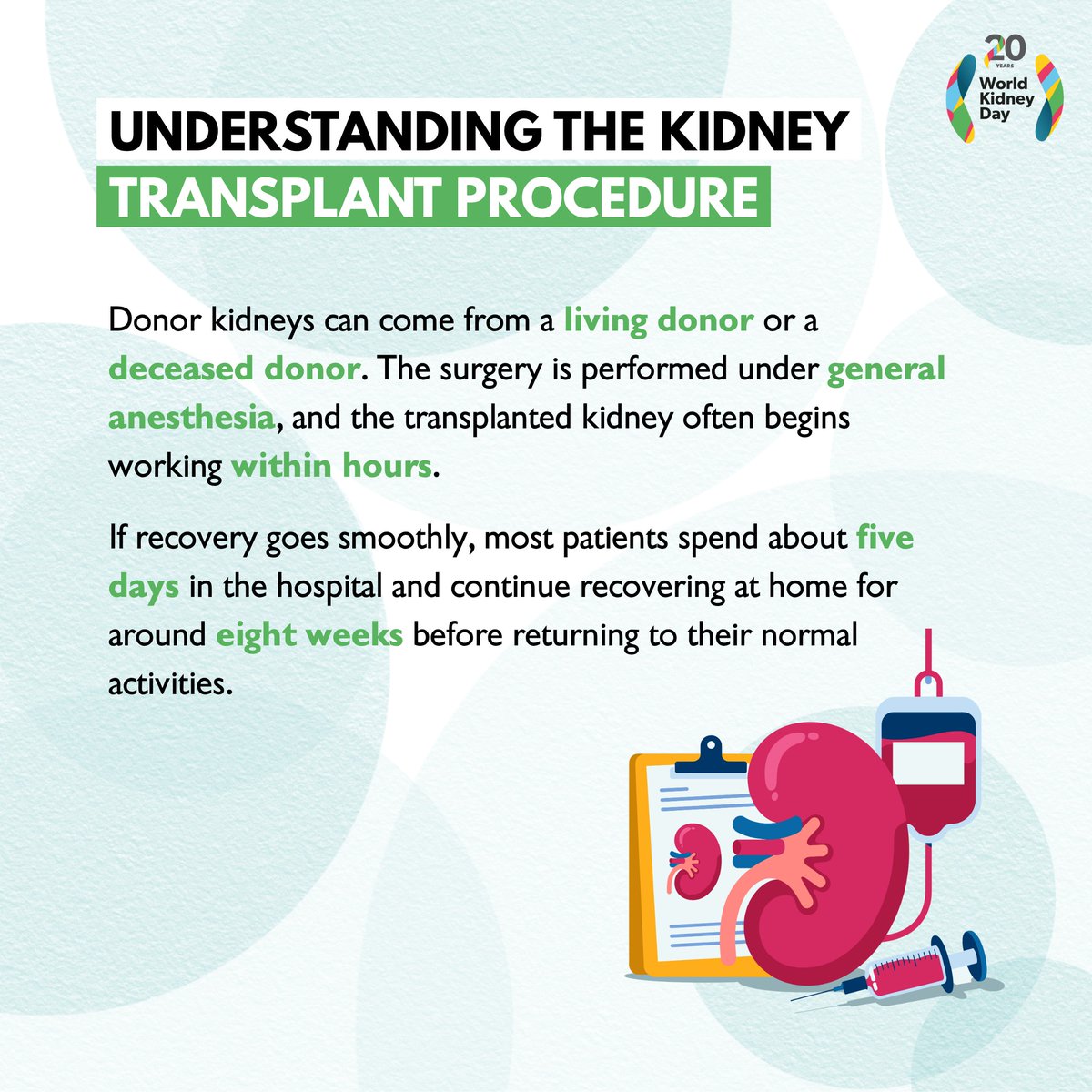 worldkidneyday's tweet photo. A kidney transplant can be life-changing for people living with end-stage kidney disease. By replacing a failed kidney with a healthy donor kidney, transplantation can offer a better quality of life and improved long-term outcomes compared to dialysis.

Learn more: https://t.co/fCbwlzXkJ0

#WorldKidneyDay #OurKidneysOurPlanet #KidneyHealthForAll