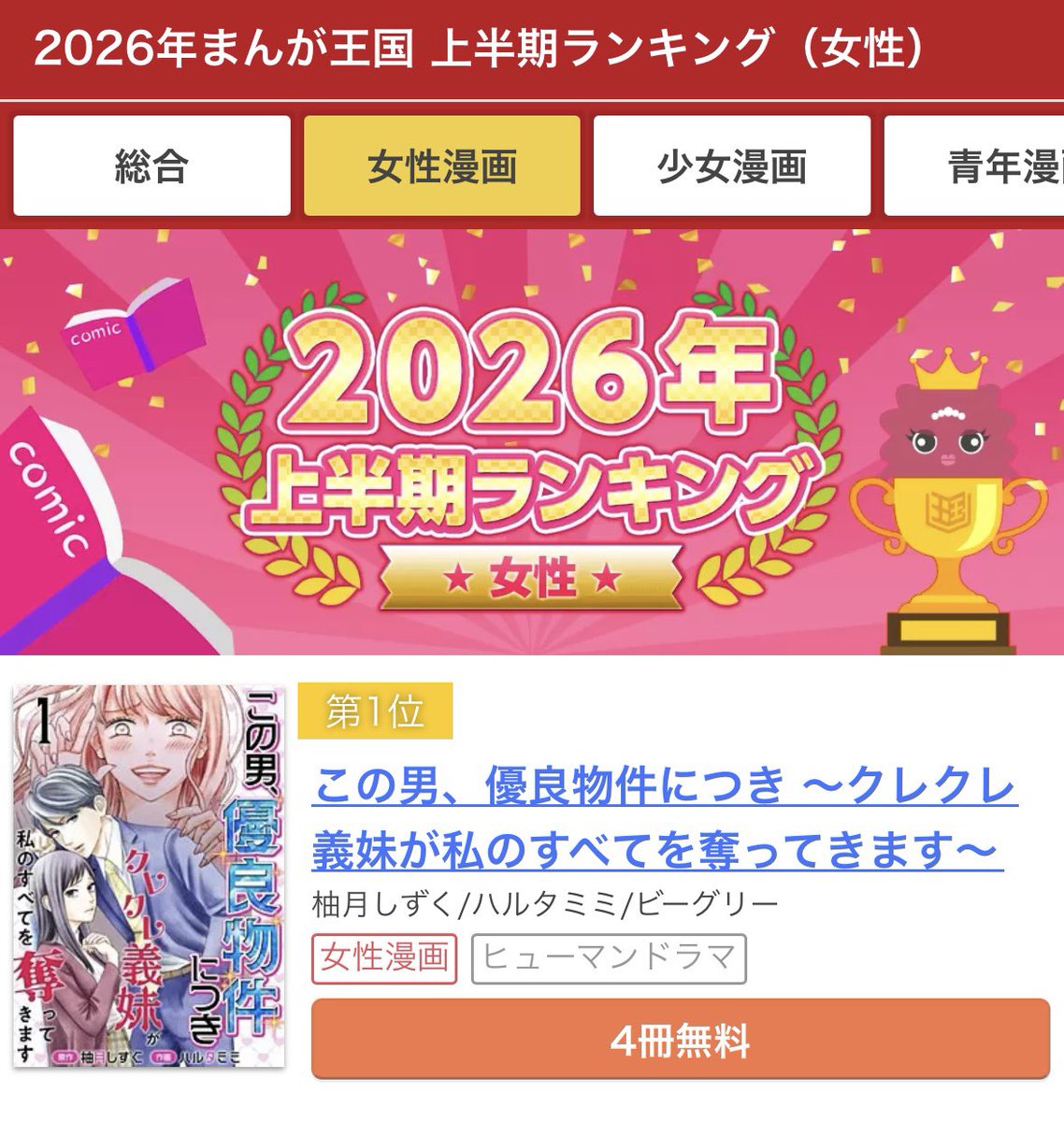 yuzu_shizuku's tweet photo. ＼ 🌸祝🌸 ／

まんが王国様の2026年上半期ランキングにて
『この男、優良物件につき ～クレクレ義妹が私のすべてを奪ってきます～』

女性漫画１位👑
総合　　２位🥈

いただきました🙏✨
ランクインありがとうございます〜！
読者様のおかげです😭
たくさん読んでいただき本当にありがとうございます！
今後もよろしくお願いします〜！！

https://t.co/UACZuptB93