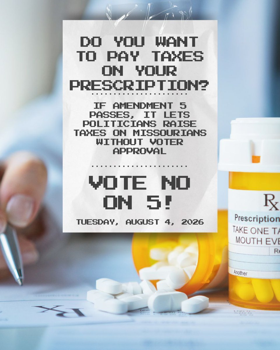 MoDemParty's tweet photo. DAY 17 OF 55: If Amendment 5 passes, Missouri politicians will be able to raise or add taxes on every good or service in your life. You're not getting a tax cut — you're getting taxed to death through a thousand tiny paper cuts.

Vote NO on Amendment 5 on Tuesday, August 4th. https://t.co/6gcTrMXIAw