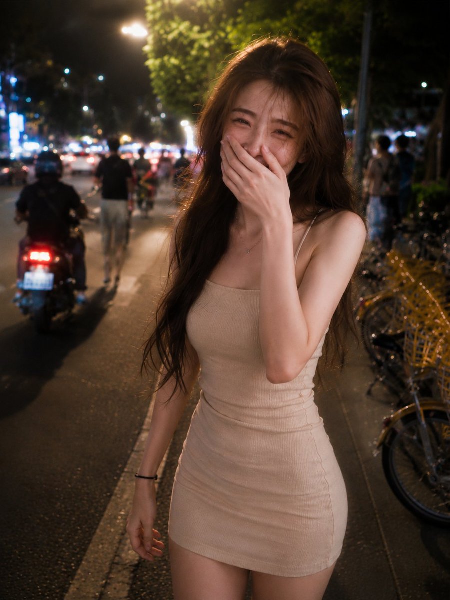 MissDelulu9's tweet photo. Created with ChatGPT 

PROMPT:

Use the provided real-person photo while preserving the same identity, facial features, face shape, realistic skin texture, and natural proportions. 

Ultra-realistic 8K RAW cinematic street photography of a young East Asian woman with glowing fair skin, waist-length brown wavy hair, fresh summer makeup, wearing a minimalist fitted spaghetti-strap mini dress. She is slightly tipsy, laughing naturally on a lively Taipei street at night with warm streetlights, scooters, pedestrians, and cinematic bokeh.

Japanese vintage film aesthetic, soft golden backlight, dreamy bloom, film grain, 85mm, f/1.8, ISO 1600, handheld candid shot, 3:4 vertical.