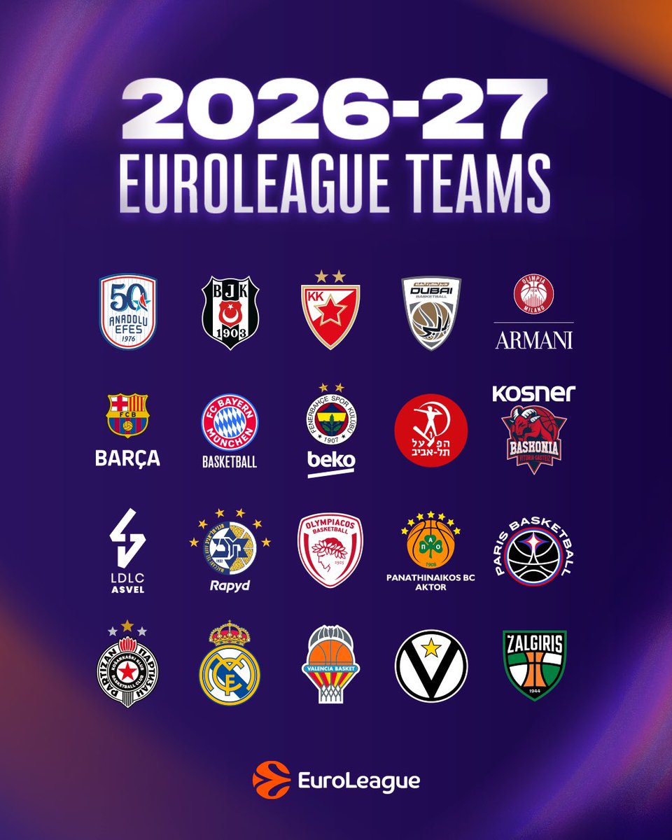 EuroLeague's tweet photo. The 20-team lineup that will compete in the 2026-27 EuroLeague season 

#EveryGameMatters https://t.co/mq4oqkuqm8