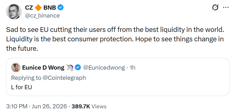 The_NewsCrypto's tweet photo. 🚨 CZ says EU users are being cut off from the world’s best liquidity, calling liquidity “the best consumer protection.” 🇪🇺👀

#CZ #Binance #Crypto #EU #CryptoNews https://t.co/wdPuHgvM2H