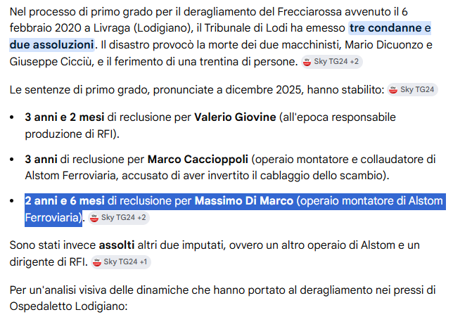 AltoTagliato's tweet photo. @giorgio_gori Se per l'incidente ferroviario di Lodi hanno inflitto 2 anni e 6 mesi ad un operaio che ha costruito parte di uno scambio in fabbrica; 5 anni per Moretti che era comunque responsabile del gruppo FS mi sembra equo. https://t.co/l4w8h7q1EL