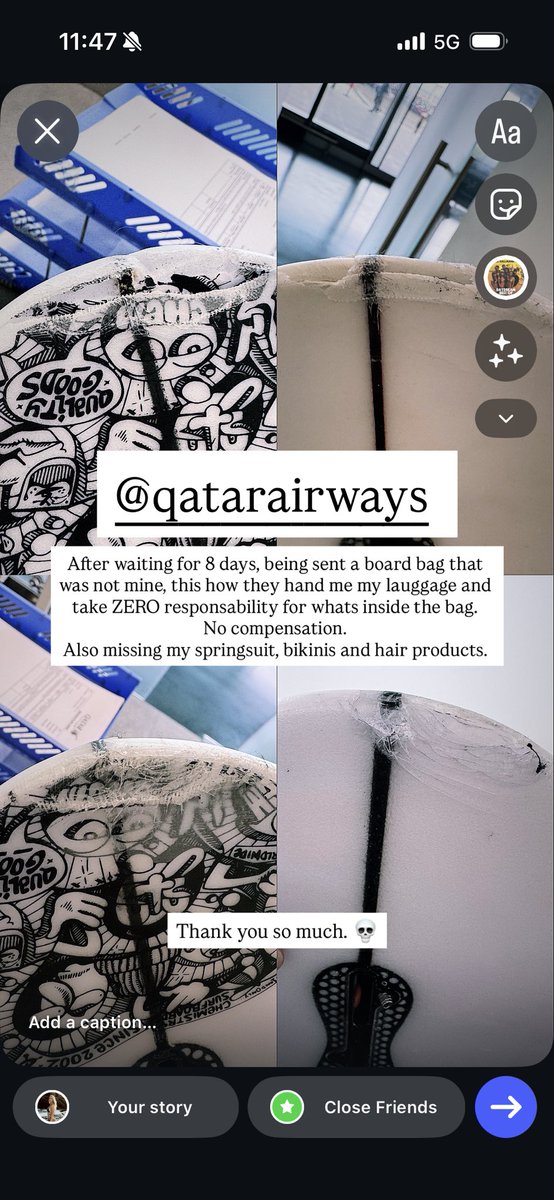 GenMethot's tweet photo. @qatarairways My surfboards arrived 9 days late in the Maldives. It is now damaged &amp; missing items. The airport tells me to file online, your website tells me to contact the local office, the local office tells me to file online. I have no way to submit my claim PIR: MLEQR17068 https://t.co/GKs2xNxlwr