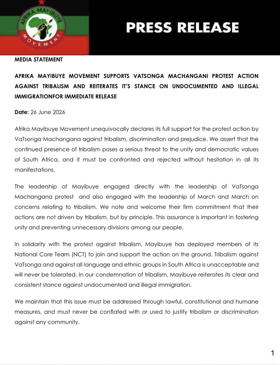 mayibuye_afrika's tweet photo. Afrika Mayibuye Movement unequivocally declares its full support for the protest action by VaTsonga Machangana against tribalism, discrimination and prejudice. We assert that the continued presence of tribalism poses a serious threat to the unity and democratic values of South Africa.