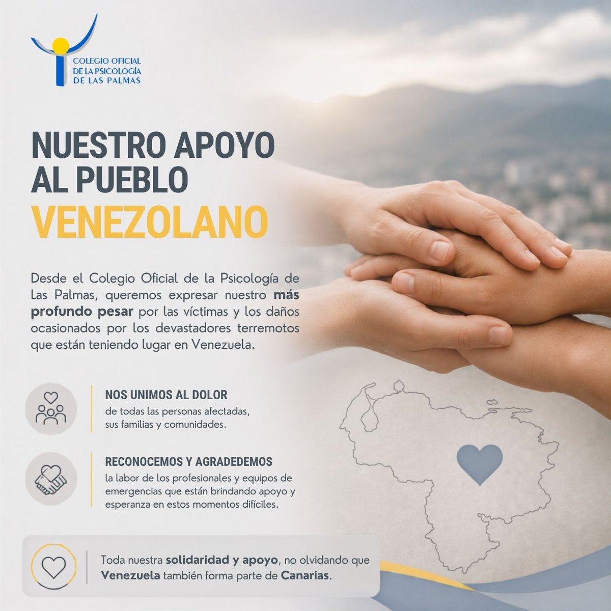 COPLasPalmas's tweet photo. "Desde el Colegio Oficial de la Psicología de Las Palmas, queremos expresar nuestro más profundo pesar por las víctimas y los daños ocasionados por los devastadores terremotos que están teniendo lugar en Venezuela. https://t.co/Z1fS62FsNe