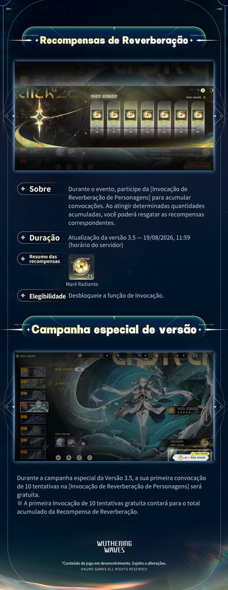 WW_BR_Official_'s tweet photo. Wuthering Waves versão 3.5: ''Ecos da Espada do Passado, Cânticos de um Sonho que Perdura'' — disponível em 10 de julho.
Após a atualização da versão 3.5, serão disponibilizados a [Invocação de Reverberação de Personagens] e a [Invocação de Reverberação de Armas]. Confira uma prévia das Invocações de Reverberação. Não perca!

#WutheringWaves #WutheringWavesBR #WutheringWaves3ꓸ5