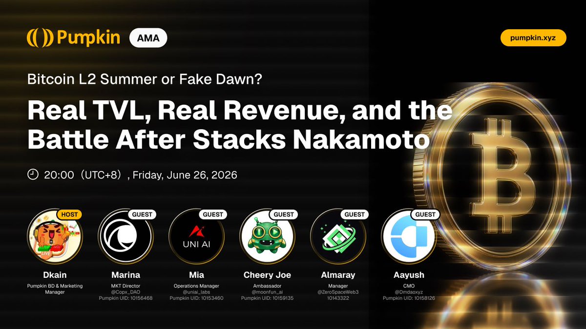 Pumpkin_global's tweet photo. 🔥 PumpkinTalk #20 is live soon!
Topic: Bitcoin L2 Summer or Fake Dawn?
We will discuss Real TVL, Real Revenue, and the Battle After Stacks Nakamoto.
 
⏰ 20:00 (UTC+8), Friday, June 26
🎙 Host: Dkain @Pumpkin_global
✨ Special Guests:
@Copx_DAO
@uniai_labs
@moonfun_ai
@ZeroSpaceWeb3
@Dmdaoxyz
 
Join us to dissect the Bitcoin L2 race!
🔗https://t.co/lPXiU35jT6
 #Web3 #PumpkinTalk