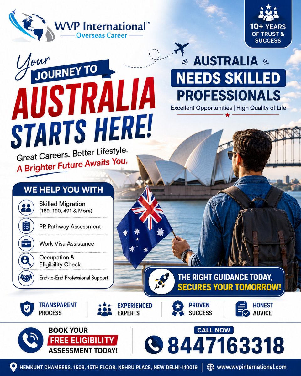 wvpintl's tweet photo. Book your eligibility assessment today and take the first step towards Australia. Get expert guidance for your Australia PR process today. Call / WhatsApp:  8447163318

#AustraliaPR #AustraliaWorkVisa #SkilledMigration #WVPInternational https://t.co/4kHeYoi24S