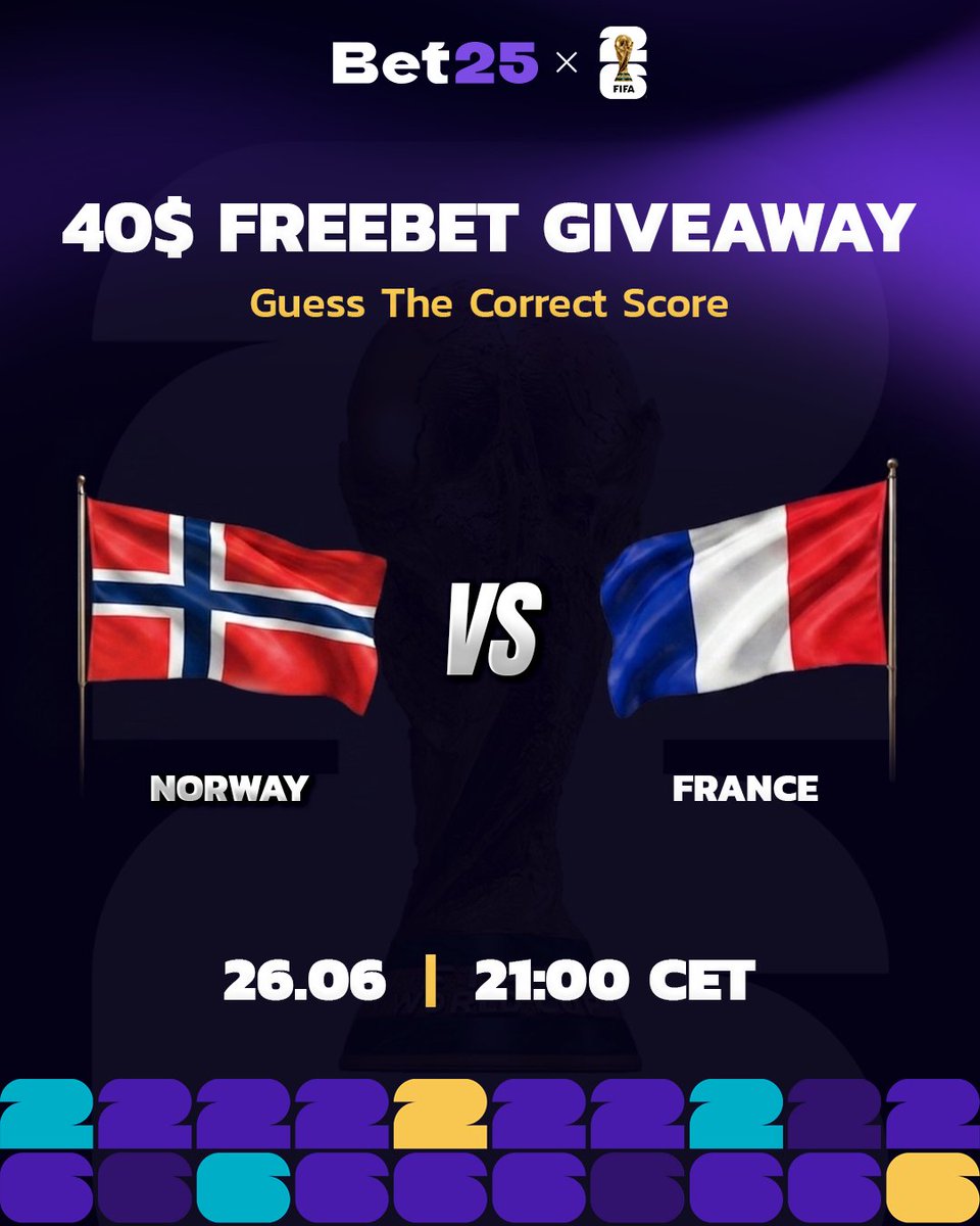 bet25com's tweet photo. 40$ Freebet Giveaway! 🎁 

2 winners - 20$ each 💸

🇳🇴Norway vs France 🇫🇷

Guess the correct score!

✅ Follow @bet25com 
🔁RT &amp; Tag a friend  
💬Comment your guess &amp; ID https://t.co/nJdcFfgvEC