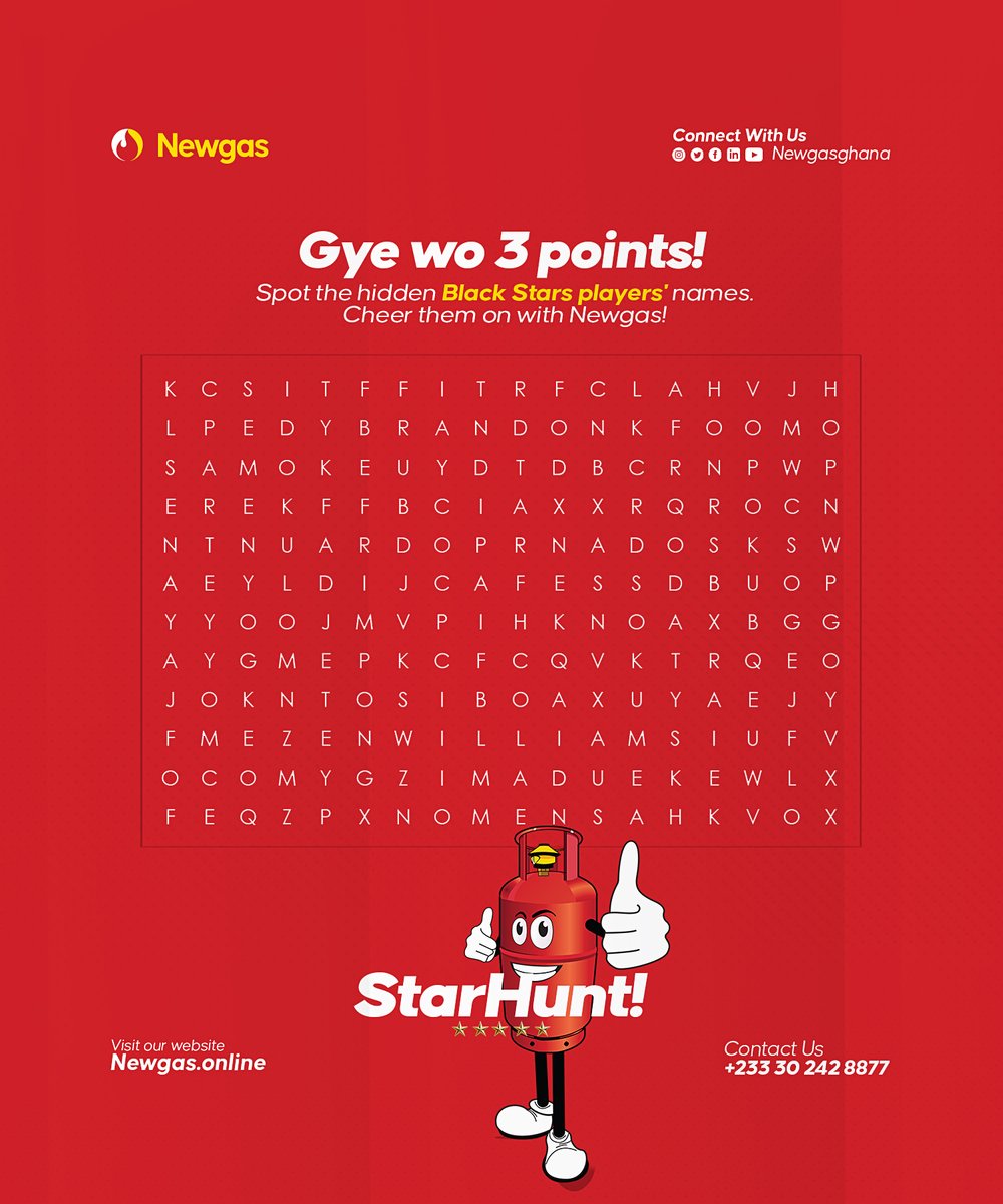Newgasghana's tweet photo. The Black Stars are chasing 3 points, Newgas is chasing 3 winners!
Search the puzzle, spot the hidden Black Stars players, and drop your answers in the comments.
The first 3 people to spot all the names will receive a special Newgas package.
#Newgas #LPGSolutions #BlackStars https://t.co/BFlHsrXukB