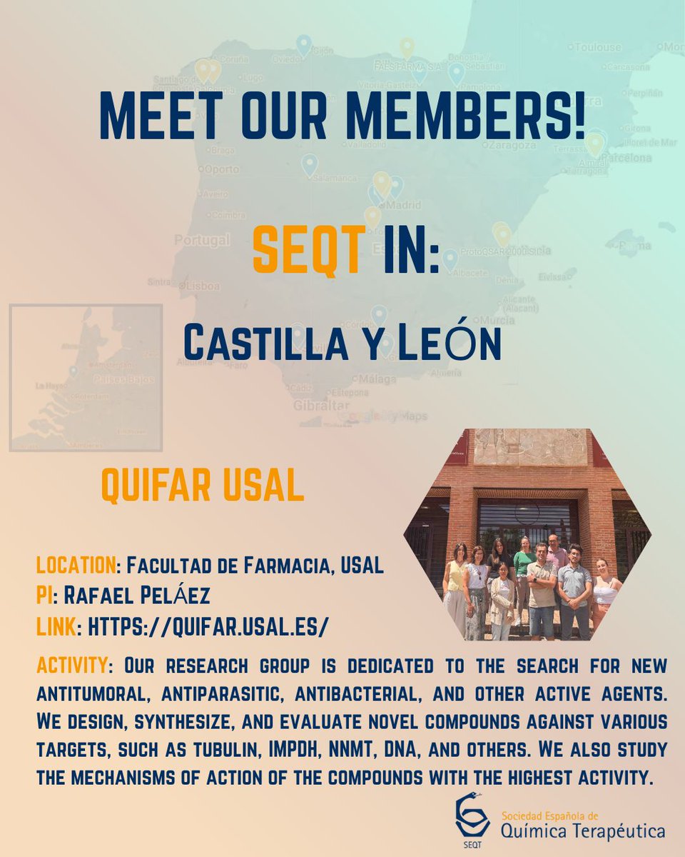SocEspQuimTerap's tweet photo. Meet our members! 🗺️

Summer has arrived and so has the next edition of the Members Map of the @SocEspQuimTerap. 

This week, we arrive in Castilla y León, where we can find 3 groups from the University of Salamanca @usal. 🔬 https://t.co/of091t9ppb