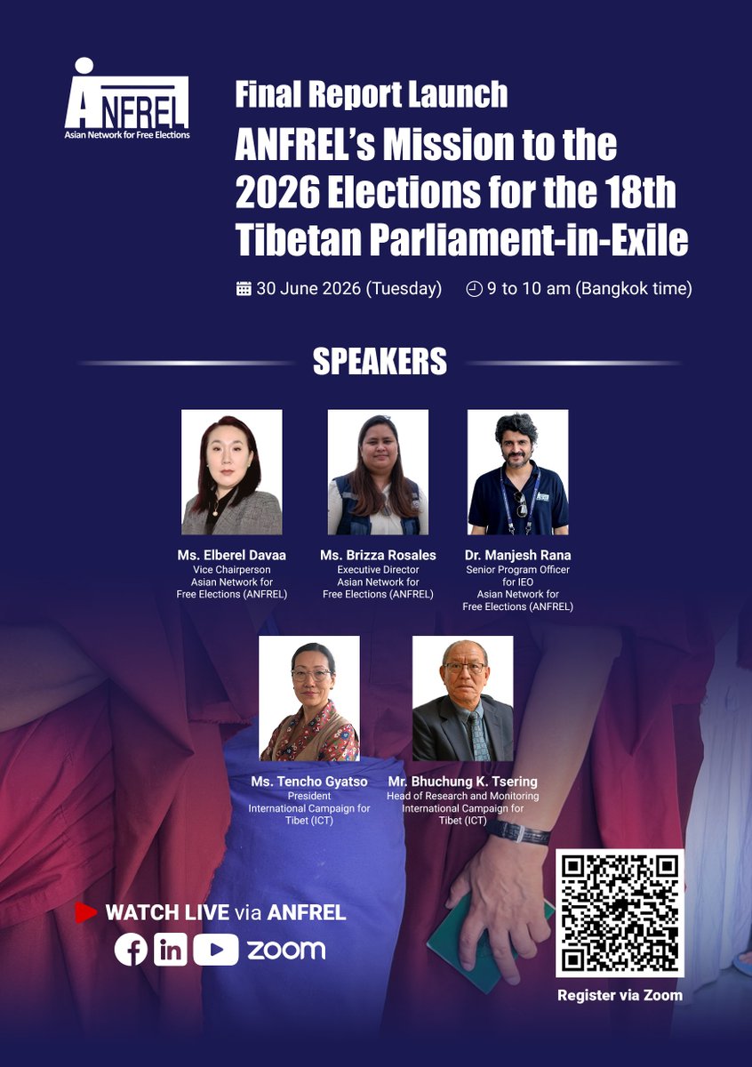Anfrel's tweet photo. Meet the speakers for the upcoming online launch of ANFREL's Final Mission Report on the 18th Tibetan Parliament-in-Exile Elections. https://t.co/FDFdeNnvv5