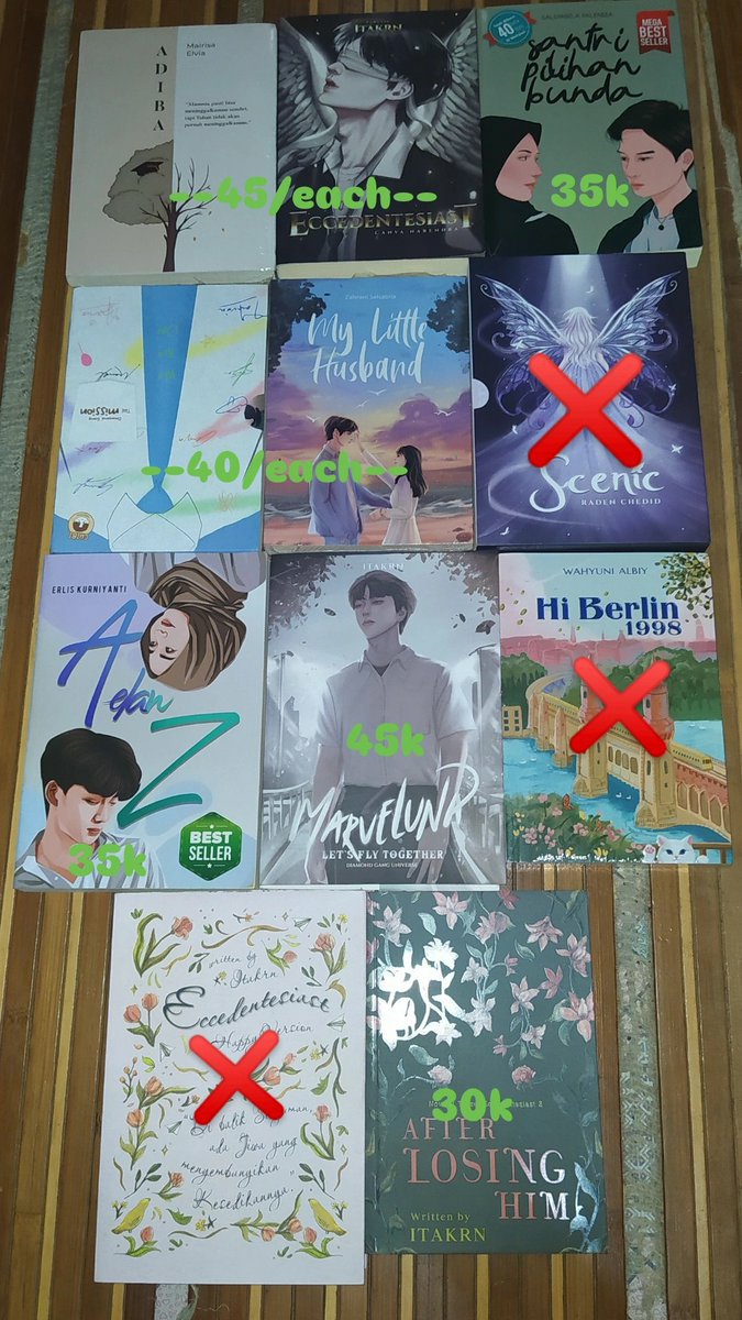 sxfixra's tweet photo. Preloved novel ori ada beberapa yang masih baru 
Adiba 
Ecce sad end
Santri pilihan bunda
Diamond gang
My little husband
A&amp;z
Marvel una
After loosing

Dom padang
Co by 🍊
Full co
Beberapa novel ada merchandise
Harga yg tertera tidak termasuk merch 
Keep event with DP 
Exc pack 5k https://t.co/GpntXFSwyc