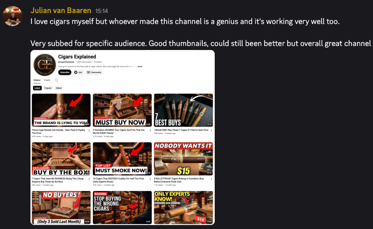 julianvbaaren's tweet photo. I'm stupid for sharing this...

What I just shared in my private discord.

Cuban AI avatar, talking about which cigars are good and which are bad + digital product about how the cigars you smoke are made, guide on how to pick the best cigar, what to do when its rolled too tight etc etc.

Do with it what you want to do.