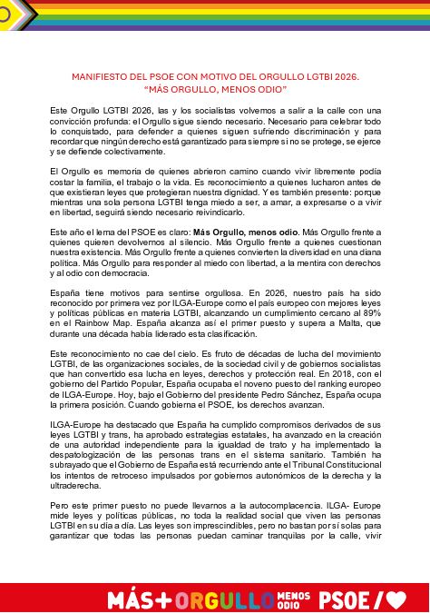PSOE's tweet photo. El odio no es una opinión. El odio señala, persigue y agrede. #MásOrgulloMenosOdio

Más Orgullo para defender la España diversa, libre y democrática que hemos construido y que vamos a seguir haciendo avanzar.

📜 Lee nuestro manifiesto: https://t.co/wmJDwORMsU https://t.co/d9Ir4D8OTD