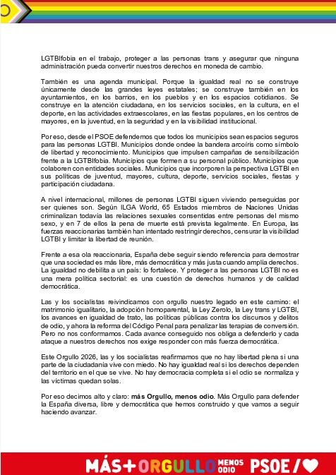 PSOE's tweet photo. El odio no es una opinión. El odio señala, persigue y agrede. #MásOrgulloMenosOdio

Más Orgullo para defender la España diversa, libre y democrática que hemos construido y que vamos a seguir haciendo avanzar.

📜 Lee nuestro manifiesto: https://t.co/wmJDwORMsU https://t.co/d9Ir4D8OTD