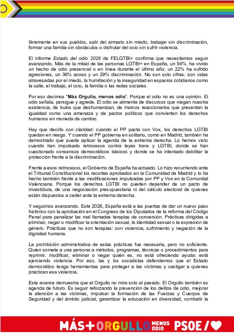 PSOE's tweet photo. El odio no es una opinión. El odio señala, persigue y agrede. #MásOrgulloMenosOdio

Más Orgullo para defender la España diversa, libre y democrática que hemos construido y que vamos a seguir haciendo avanzar.

📜 Lee nuestro manifiesto: https://t.co/wmJDwORMsU https://t.co/d9Ir4D8OTD