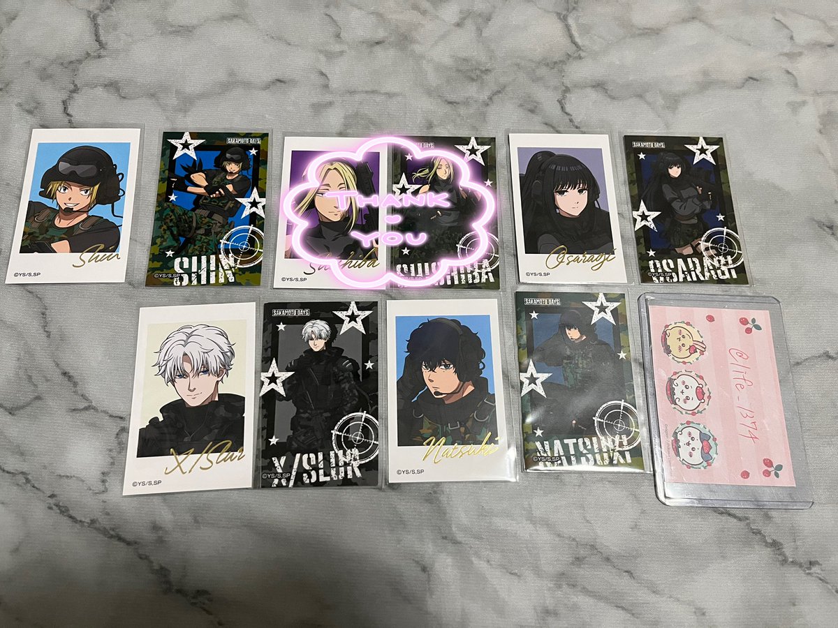 life_1374's tweet photo. 【交換 譲渡】
サカモトデイズ サバイバルゲーム 缶バッジ アクリブロック ミニフォトカード イラストカード

譲→坂本 シン 神々廻 大佛 スラー(有月) 夏生
求→定価＋送料 or 固ツイ

ミニフォトスラーは左上に欠けがあるためご了承いただける方。郵送のみ対応。 https://t.co/B1CPfzdXvZ