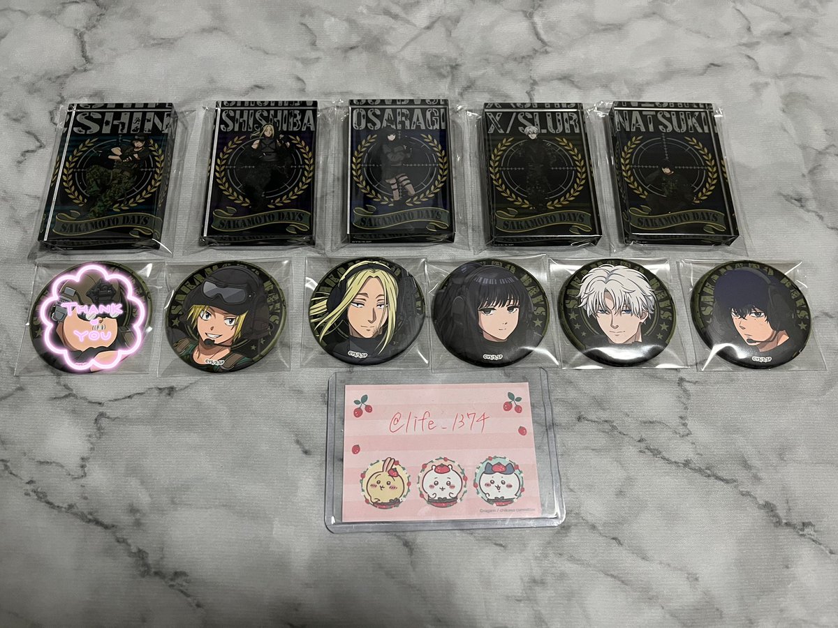 life_1374's tweet photo. 【交換 譲渡】
サカモトデイズ サバイバルゲーム 缶バッジ アクリブロック ミニフォトカード イラストカード

譲→坂本 シン 神々廻 大佛 スラー(有月) 夏生
求→定価＋送料 or 固ツイ

ミニフォトスラーは左上に欠けがあるためご了承いただける方。郵送のみ対応。 https://t.co/B1CPfzdXvZ