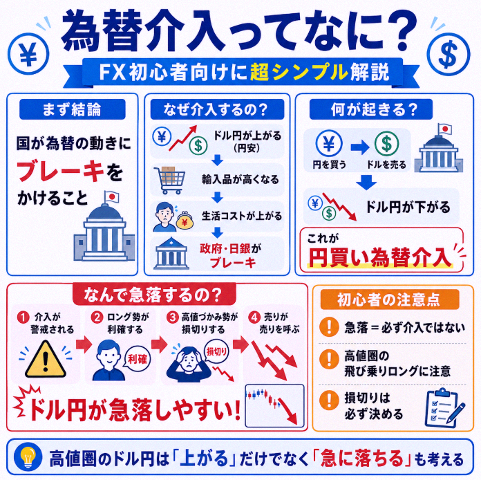 ue7101's tweet photo. 【外為介入って何？FX初心者向けにめっちゃ簡単に説明するよ】

ドル円を取引するなら「外為介入」って言葉は絶対知っておいたほうがいい。知らないままだと、高値で買った瞬間に急落して含み益が一瞬で消えたりするからね。

① 結論：外為介入＝国が為替の動きにブレーキをかけること。特にドル https://t.co/DxolUWKTbf