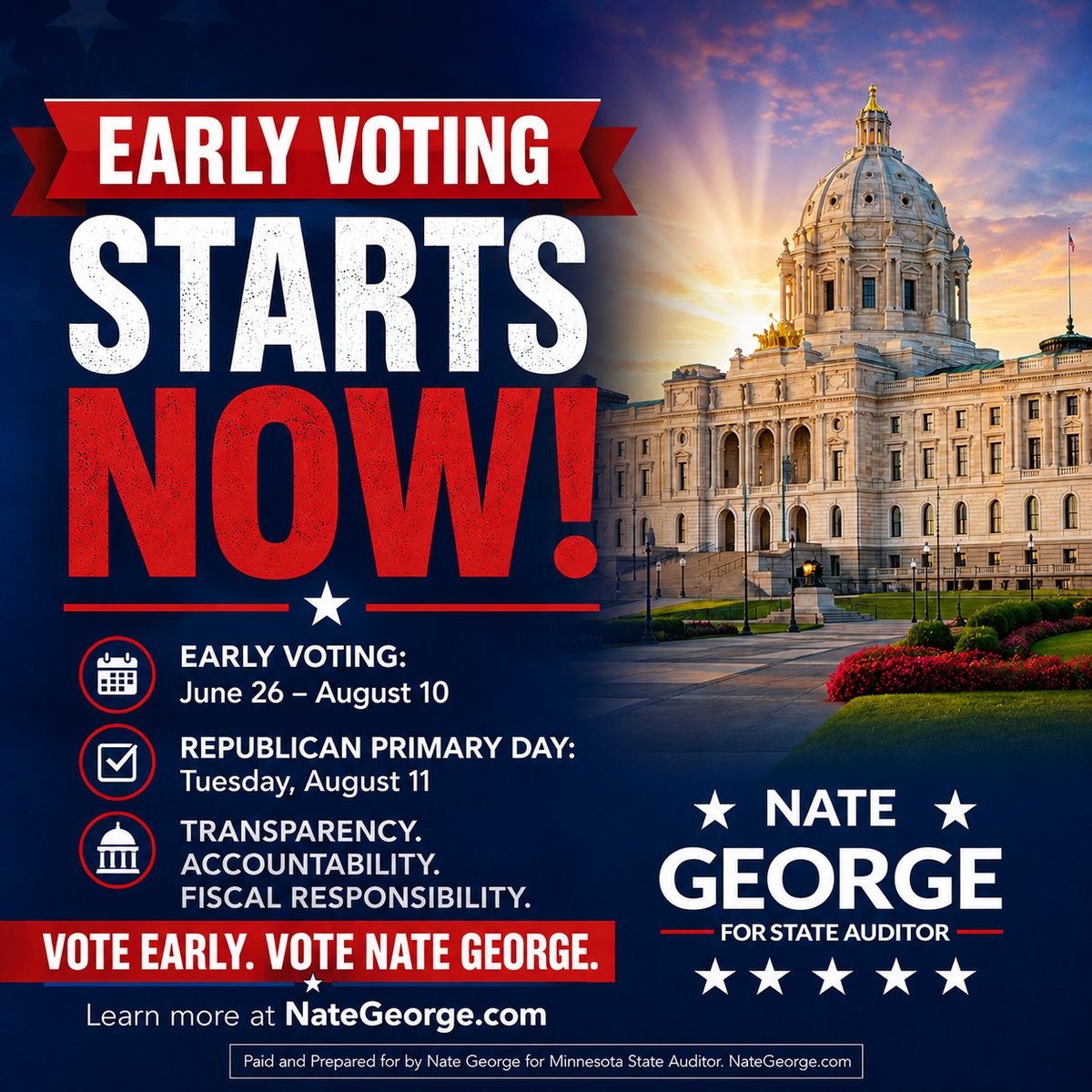 NateGeorgeMN's tweet photo. Minnesota Early Voting Has Begun! Every vote matters. Let's get to work! Together, we can restore Transparency. Accountability. Fiscal Responsibility.
🗳️ Voting information: https://t.co/pnhTFm8SsX
🇺🇸 Join Team Nate: https://t.co/tQGDFH3Qq8 https://t.co/jVR9LNWeSC