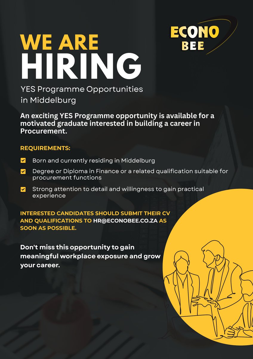 EconoBEE's tweet photo. 🚨 YES Programme Opportunities! Graduates in Middelburg &amp; Limpopo, your next career opportunity could be here. 

Check the requirements in the graphics below and apply by 30 June. Send your CV to hr@econobee.co.za. #YESProgramme #GraduateJobs #NowHiring https://t.co/IviPUjmi77