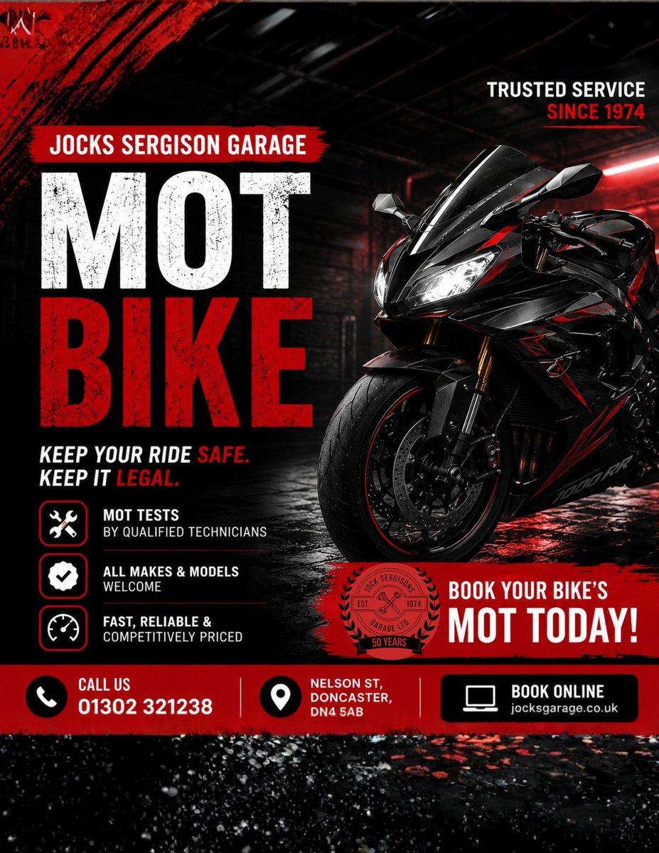 JocksGarage's tweet photo. Bike been sat all winter? 

🏍️ Don't let it sit off the road any longer — get it MOT ready. Fully qualified testers, fast turnaround, honest advice, and same-week booking available.

📞 Book your motorbike MOT: 01302 321238
#MotorbikeMOT #MOTTesting #JocksGarage #DoncasterGarage https://t.co/xSpIoG7Jki
