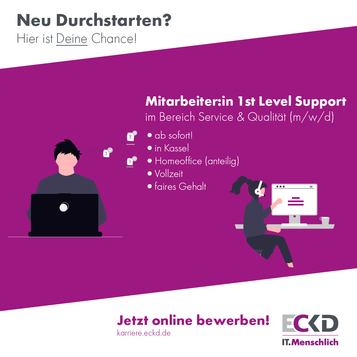 IT_Menschlich's tweet photo. Du hörst aufmerksam zu und hilfst anderen gerne weiter?
Für unseren Standort #Kassel suchen wir eine:n Mitarbeiter:in im 1st Level Support im Bereich Meldewesen (Service & Qualität).
Bewirb dich jetzt: https://t.co/pDNIbX6u9H
#ITMenschlich #Karriere #Traumberuf #ECKD #Jobsuche https://t.co/Eqei7P5eWb