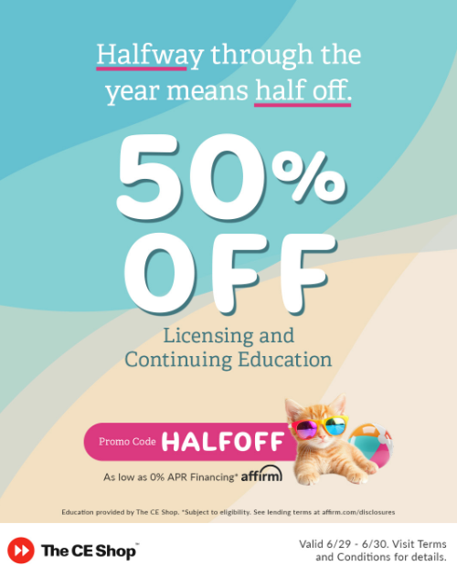 scbor_texas's tweet photo. Purchase on June 29th or June 30th and use at later date.

https://SCBOR.The https://t.co/UUKusJmBKn

For two days only, save 50% on Pre-Licensing and Continuing Education when you visit https://t.co/PQQLjsvST4 and use code HALFOFF. https://t.co/Qu8ZnldsYJ