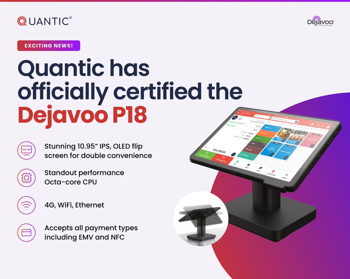 QuanticPOS's tweet photo. Big News for Merchants: #Quantic has officially certified the #DejavooP18!
This high-performance POS terminal pairs Quantic’s intuitive software with cutting-edge hardware.
Want to see the Dejavoo P18 in action?
Secure your spot.
https://t.co/0jGiMiut6y https://t.co/fMPdCtCAM3