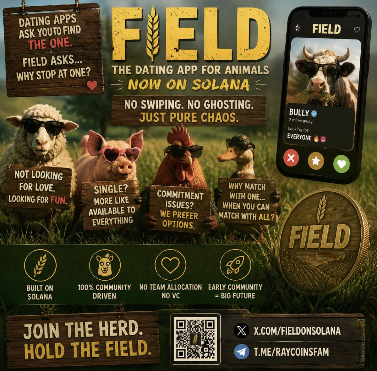 FIELDONSOLANA's tweet photo. 🌾 What if the funniest fictional app became a meme coin?

Meet FIELD.
No roadmaps.
No fake promises.
Just memes, community, and pure chaos.
We’re building something different:
🐑 Community first.
🌾 FIELD first.
🚀 More projects coming for our holders.
Join the herd before everyone else ! 
https://t.co/LGVC2IPGOY

𝕏: https://t.co/bJrVq9v3zP
Telegram: https://t.co/lMFZv4rCb0

#FIELD #Solana #Memecoin #Crypto #MemeCoin