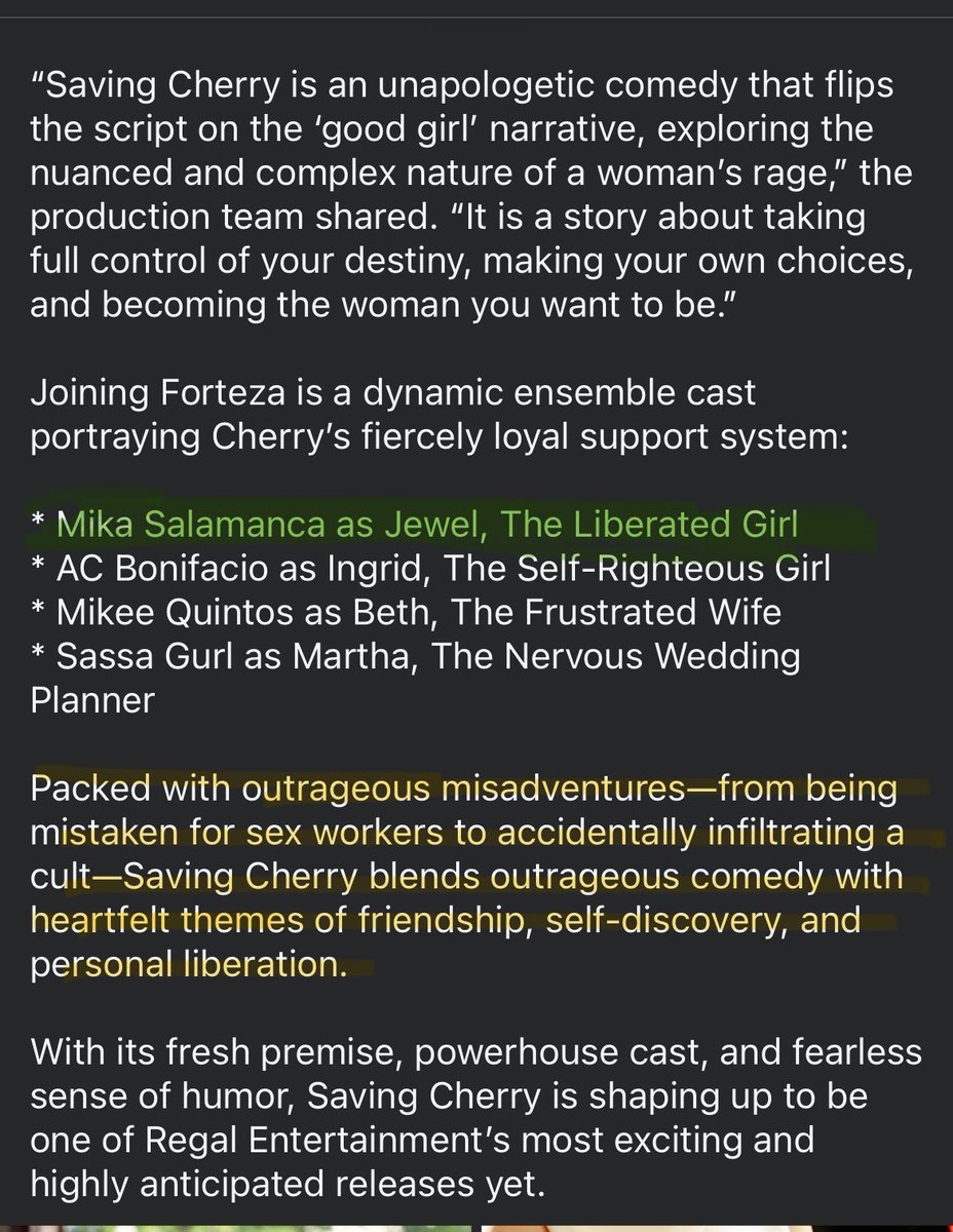 mikslmncloops's tweet photo. saving cherry sounds SO interesting. 🍒 mika as the liberated girl in a hilarious comedy? excited to see her take on a new role. looks like this movie is going to be so much fun to watch.🤍

nakakahappy lang to see her slowly moving beyond pbb. 😊🥹 
always here, @mikslmnc! 🙋🏻‍♀️🤍 https://t.co/nMt8DH560S