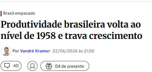 MatInvest1's tweet photo. Voltamos ao nível de produtividade de 1958. Isto é uma ótima notícia, já que nossos pais e avós trabalhavam pra caramba e eram muito produtivos. Entendam como isso é bom. https://t.co/ohH3k573K8