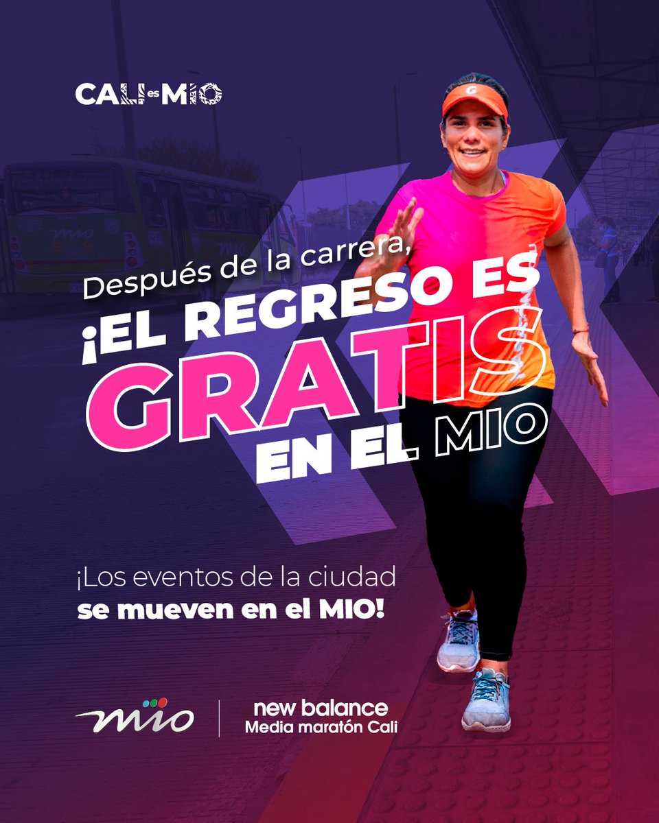 METROCALI's tweet photo. ¡Llega la Media Maratón de Cali! 🏃‍♂️

Este viernes y sábado, súbete GRATIS al MIOCable presentando tu número de competencia, después de reclamar tu kit.

El domingo, con tu medalla y número, ingresa sin costo a la estación Estadio.

#CaliEsMIO #AsíRecuperamosCali https://t.co/dfiyPAgGHz