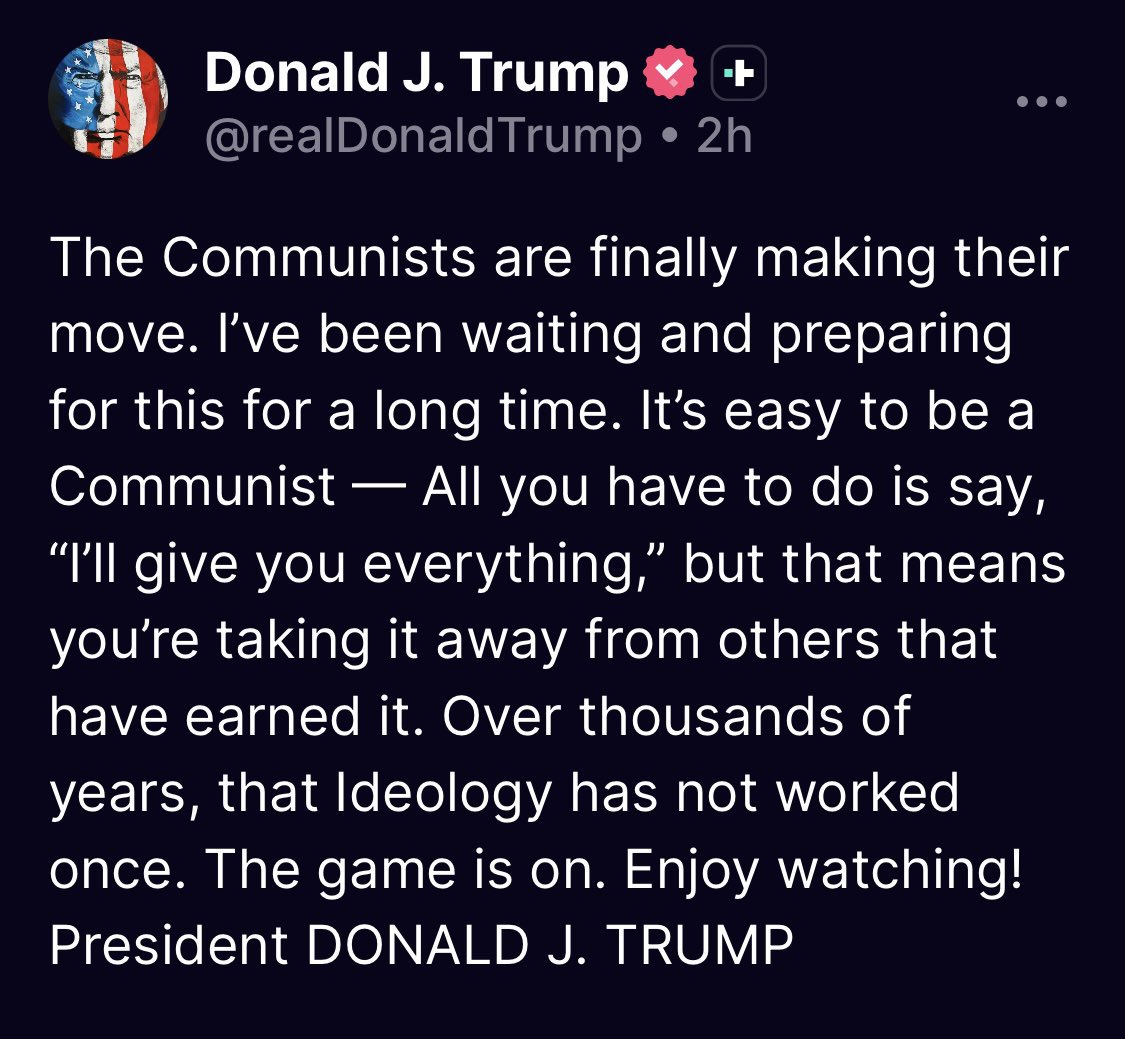 matt_noyes_'s tweet photo. トランプはすごいことを投稿しています。
「共産主義者たちが、ついに動き出した。私は長い間、この事態を待ち受け、準備を整えてきた。共産主義者はなんでも庶民に与えると約束するが、それはつまり、自らの努力で稼ぎ出した人々から、それを奪い取るということを意味している。何千年にもわたる歴史のなかで、そのイデオロギーが機能したことなど、ただの一度もないのだ。」