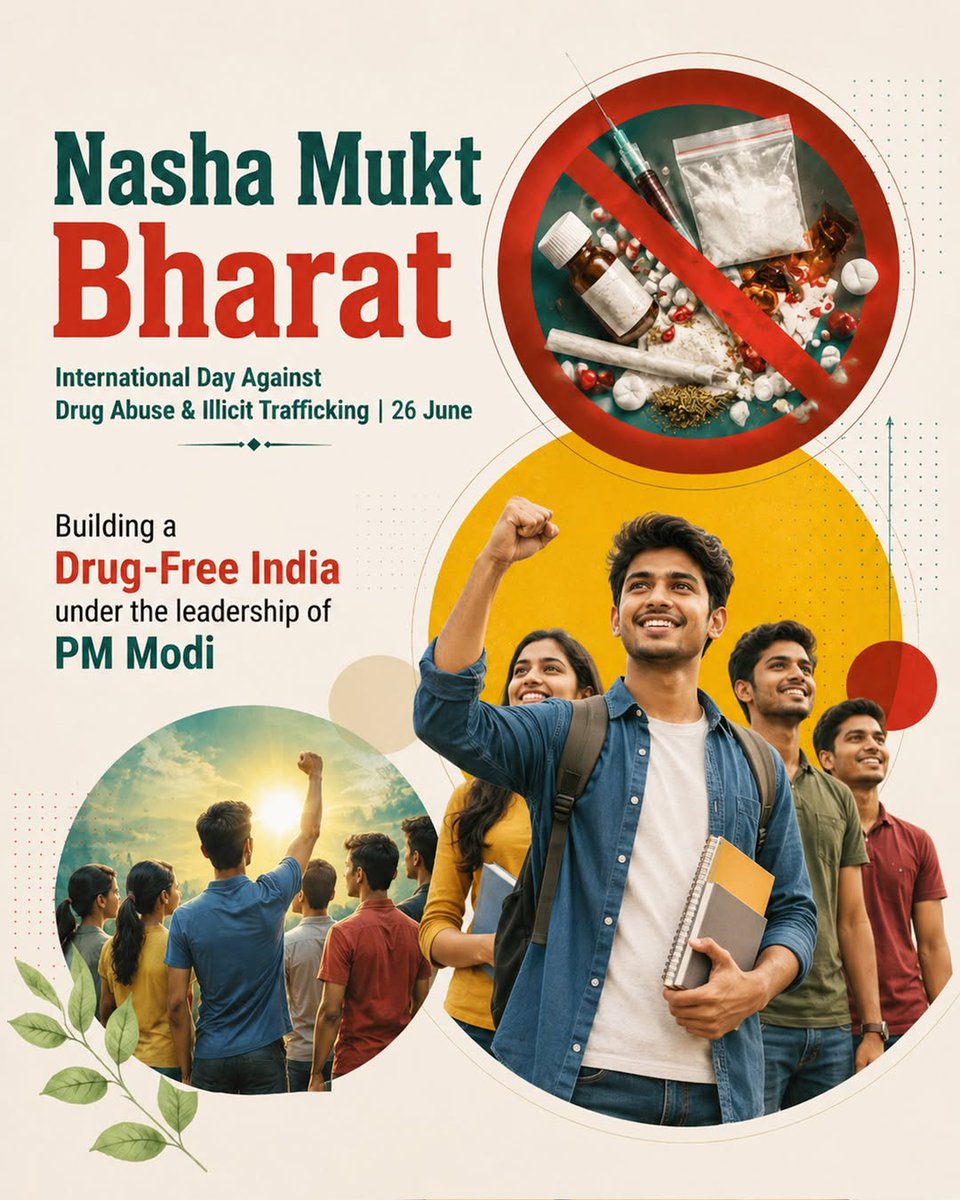 BJP4Assam's tweet photo. The Nasha Mukt Bharat Abhiyan has evolved into a nationwide people's movement.

26 crore+ people reached through awareness campaigns
9.5 crore+ youth engaged across schools and colleges
6.5 crore+ women mobilised against drug abuse

Backed by a Zero Tolerance Policy, the Modi government is relentlessly breaking drug cartels to building a nationwide movement against addiction, India is fighting this battle on every front.

 #DrugsFreeBharat