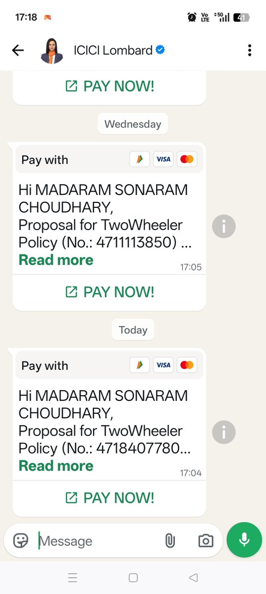 madaramspatel's tweet photo. @ICICILombard @ICICILombard कृपया ध्यान दें। आपके नाम का उपयोग करके WhatsApp पर फर्जी बाइक इंश्योरेंस रिन्यूअल म��सेज भेजे जा रहे हैं। लोग भुगतान करने के बाद न तो पॉलिसी प्राप्त कर रहे हैं और न ही कोई रसीद। कृपया इस धोखाधड़ी के खिलाफ आवश्यक कार्रवाई करें और लोगों को जागरूक करें। #CyberFraud https://t.co/P0WmqMHwXI