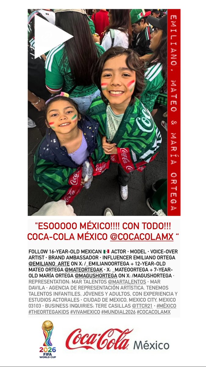 _mateoortega's tweet photo. "ESOOOOO MÉXICO!!!!! Con todo!!!!
Coca-Cola México @cocacolamx"
— The Ortega Kids
Emiliano @_emilianoortega, Mateo @_mateoortega &amp; María @magushortega

VIDEO: https://t.co/DVk4t8Koef

#TheOrtegaKids #vivamexico #goooooooooool #mundial2026 #cocacolamx #méxico #CDMX #cocacola #coke https://t.co/jr9hssxTz7