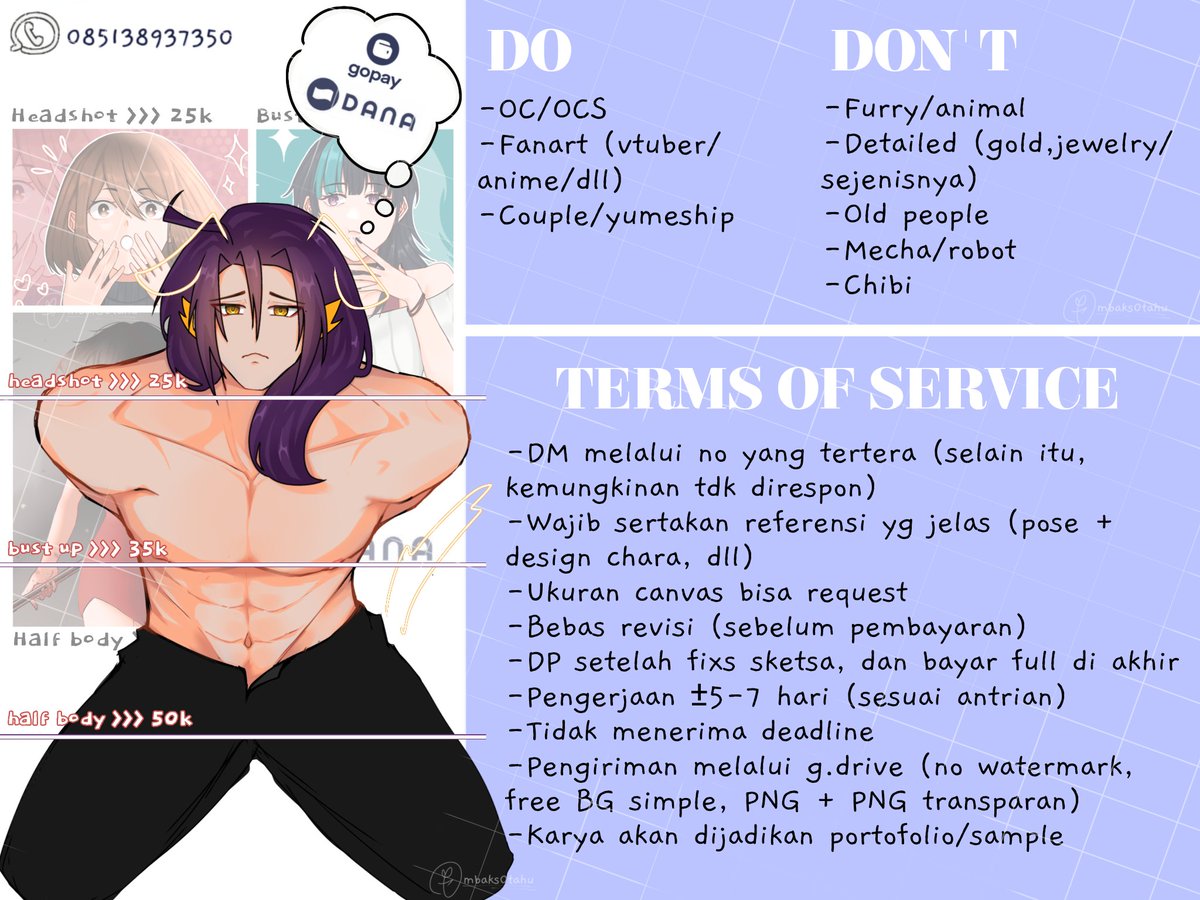 mbaks0tahu's tweet photo. Yasudah, saya mau Open Commission disini juga. Kemungkinan ada yang tertarik atau tanya dulu hehe. Bisa langsung hubungi no yang tertera ya (DM sini biasanya gk saya buka)

#commissionㅤㅤㅤ #opencommissions https://t.co/74kt9ez8eO