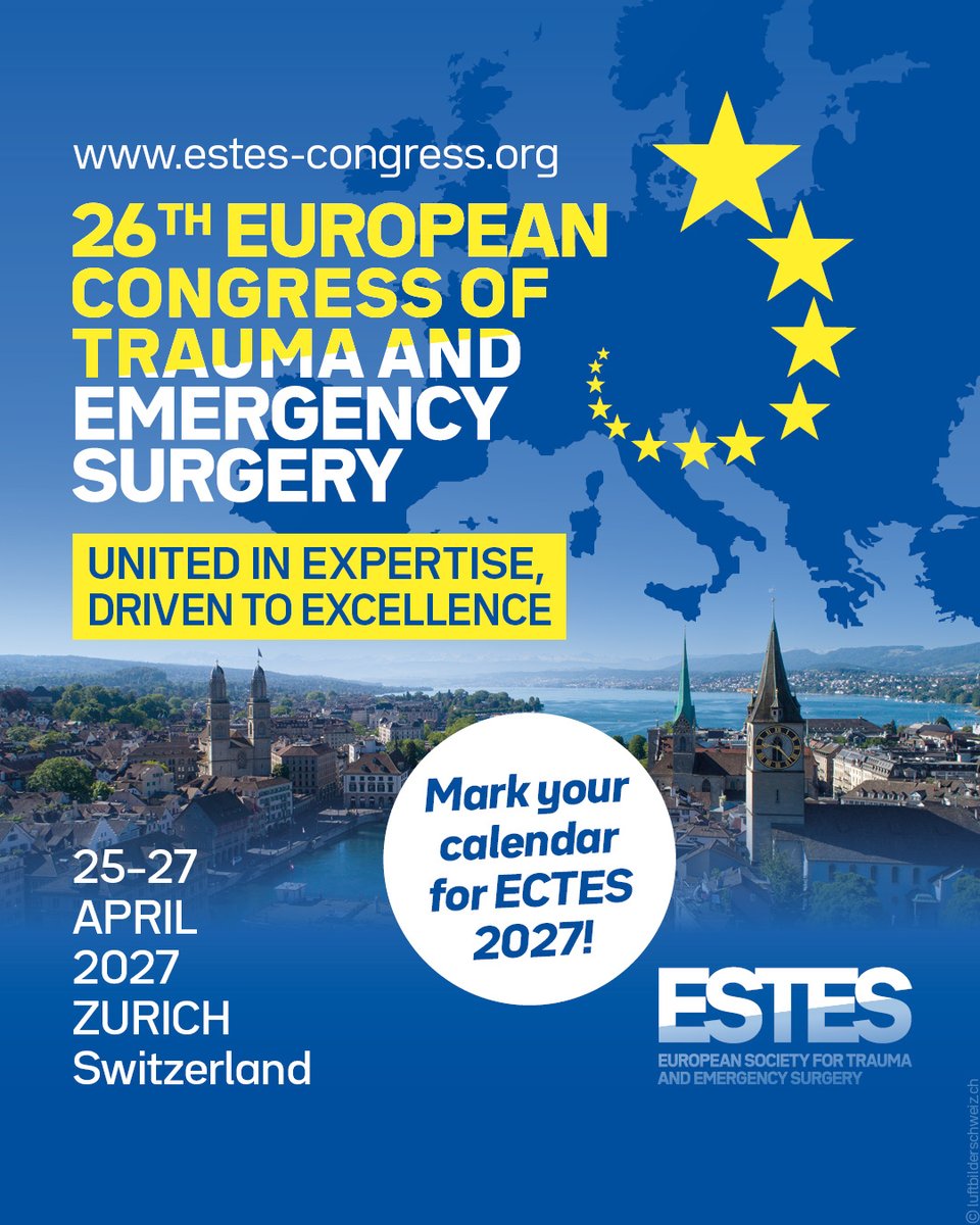 estesonline's tweet photo. 📍 Welcome to the lively city of Zurich, Switzerland, for the 26th European Congress of Trauma and Emergency Surgery (ECTES 2027).

From 25–27 April 2027, ECTES will continue its fine history of international collaborations and bring together experts from across Europe and beyond.

The next edition promises exciting insights, fresh formats and plenty of opportunities for networking under the theme:

🔹United in expertise, driven to excellence🔹

We look forward to welcoming you to Zurich.

All information is available here: https://t.co/0lnrxwk27J #ECTES2027 #ESTES #TraumaSurgery #EmergencySurgery