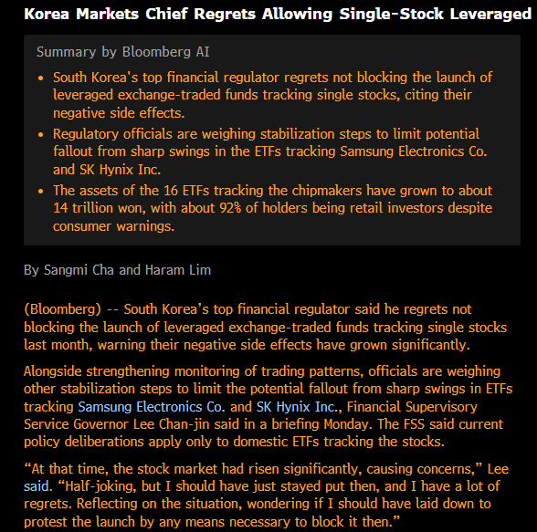 Alpha_Ex_LLC's tweet photo. TLDR: leveraged ETFs are an accident waiting to happen (soon).

Welcome to the end of quite a week. Risk history buffs "celebrated" the 10 year anniversary of Brexit on 6/24, a day when, a decade ago, the SX5E plunged by 8% and the Euro fell by 2% on the same day. The incoming correlations suggested it "could not happen, it would not happen", to borrow from Ace Rothstein in Casino.

But the real action is not in global macro but in single stocks, and specifically, chips and memory and the leveraged ETFs built on top of them. There's an accident waiting to happen here. Not a bear market, but an extreme one to three day move forthcoming. 

In 2017, as the SPX experienced a 50 year low in realized volatility, the inverse VIX complex got larger and larger...there was a story about Capstone CIO Paul Britton having to tell a cab driver, excited that he'd found a winning stock pick, that the XIV was not actually a company. The story (clipped below) underscored just how over-consumed this short vol trade was by folks who just think that "number go up".

Today's equivalent of the XIV is not capitalizing on an undersupply of realized vol, but on an undersupply of memory. One might ask, "what are these companies?" 
$MUU $SNXX $SOXL $KORU ...they are funds that own a single stock with an inconceivable trading strategy that gets much larger on the way up.

Memory is indeed undersupplied. That is, people have short memories. Or, more bluntly, they never learn.  The KORU is a 3xer on the KOSPI Index with nearly 2bln in AuM. This "company" had a 36% down move on Tuesday. Its 10d realized vol is 300.  

As Kevin Warsh takes the helm at the Fed, there is some complaining that he's not making his "reaction function" more transparent. Well, the RF for these leveraged ETFs could not be more specific. We know exactly what they need to do - and yesterday, MUU and SNXX had to buy right around 2bln and 1.8bln of MU and SNDK, respectively. It's value investing flipped upside down.

MUU starts today long 18bln of Micron, SNXX long 13bln of SNDK. Don't forget the SOXL which is long 90bln of SOXX. 7709 HK Equity is long 28bln of SK Hynix.

The regulators need to be watched as well. Below, a clip from a story yday from the top regulator in South Korea who expresses regret about the Frankenstein that has been unleashed. I would argue that the leveraged ETF providers in the US are vulnerable to litigation. Below a snapshot of the table from the SNXX prospectus.  It shows the standard matrix of simulated performance of the lev product versus the underlying at different vol levels. 

It is beyond ridiculous and deceitful to include 10 realized vol in this table. You know what assets are currently 10 vol?  The TLT. It's daily moves have generally been around 30-80bps a day for the last month. Sandisk regularly has moves well north of 10% on a single day.

The realized vol table for the 2x on SNDK should start at 50 and run to 150. It looks much different - that is, much worse - when you do that.
https://t.co/3f849Z8RXu