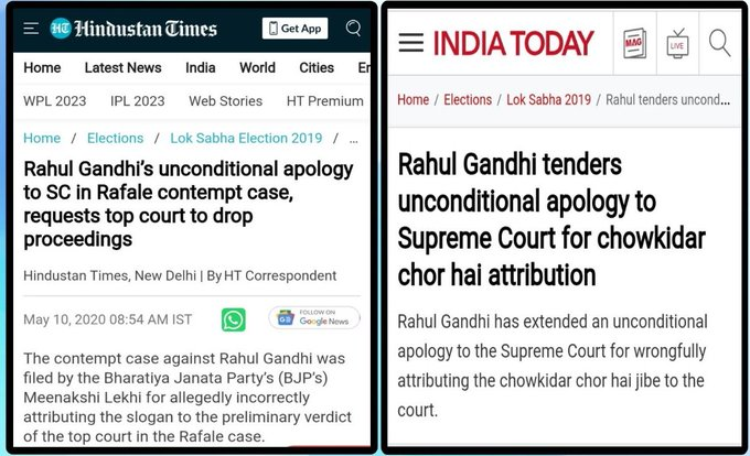 rishibagree's tweet photo. 14-Nov-2019: Rahul Gandhi tendered an unconditional 3-page Apology for the "Chowkidar Chor Hai" Claim.

10 March 2020: Rahul tendered an unconditional apology to SC in the Rafale Contempt case.  

Yesterday, he again apologised for a defamation case in Court. https://t.co/0Z0az2dNYD